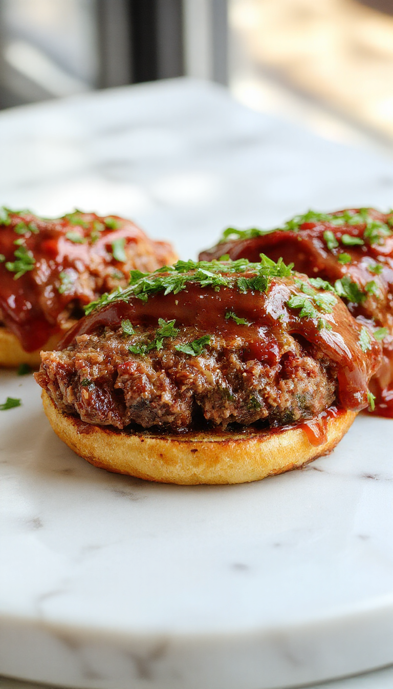A close-up of golden-brown mini meatloaves baked in a muffin tin, each one perfectly shaped with a crispy top, garnished with a sprinkle of herbs. The mini meatloafs are arranged neatly on a white platter, with steam gently rising, showcasing their moist interior and textured crust. In the background, a rustic wooden table setting with fresh herbs and a side of vegetables adds warmth to the scene.