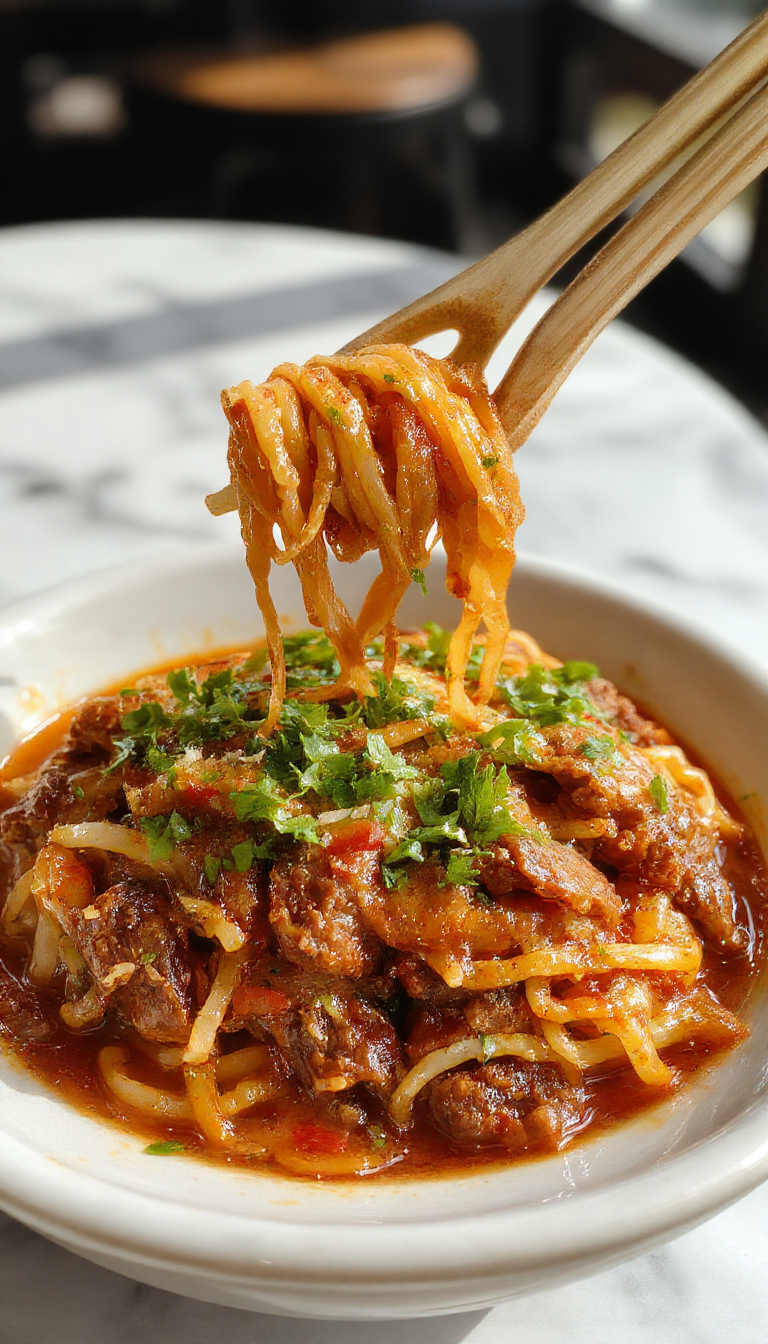 A close-up of a steaming bowl of Mongolian Ground Beef Noodles, featuring tender ground beef atop glossy, slightly sticky noodles, garnished with chopped green onions and sesame seeds, with a rich brown sauce coating the ingredients.