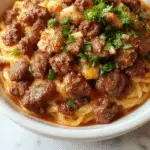 A vibrant plate of Mongolian Ground Beef Noodles featuring tender ground beef, glossy dark soy sauce, and colorful chopped green onions, served over perfectly cooked, slightly chewy noodles. The dish is garnished with sesame seeds and fresh herbs, presented on a rustic white plate with a clean background.