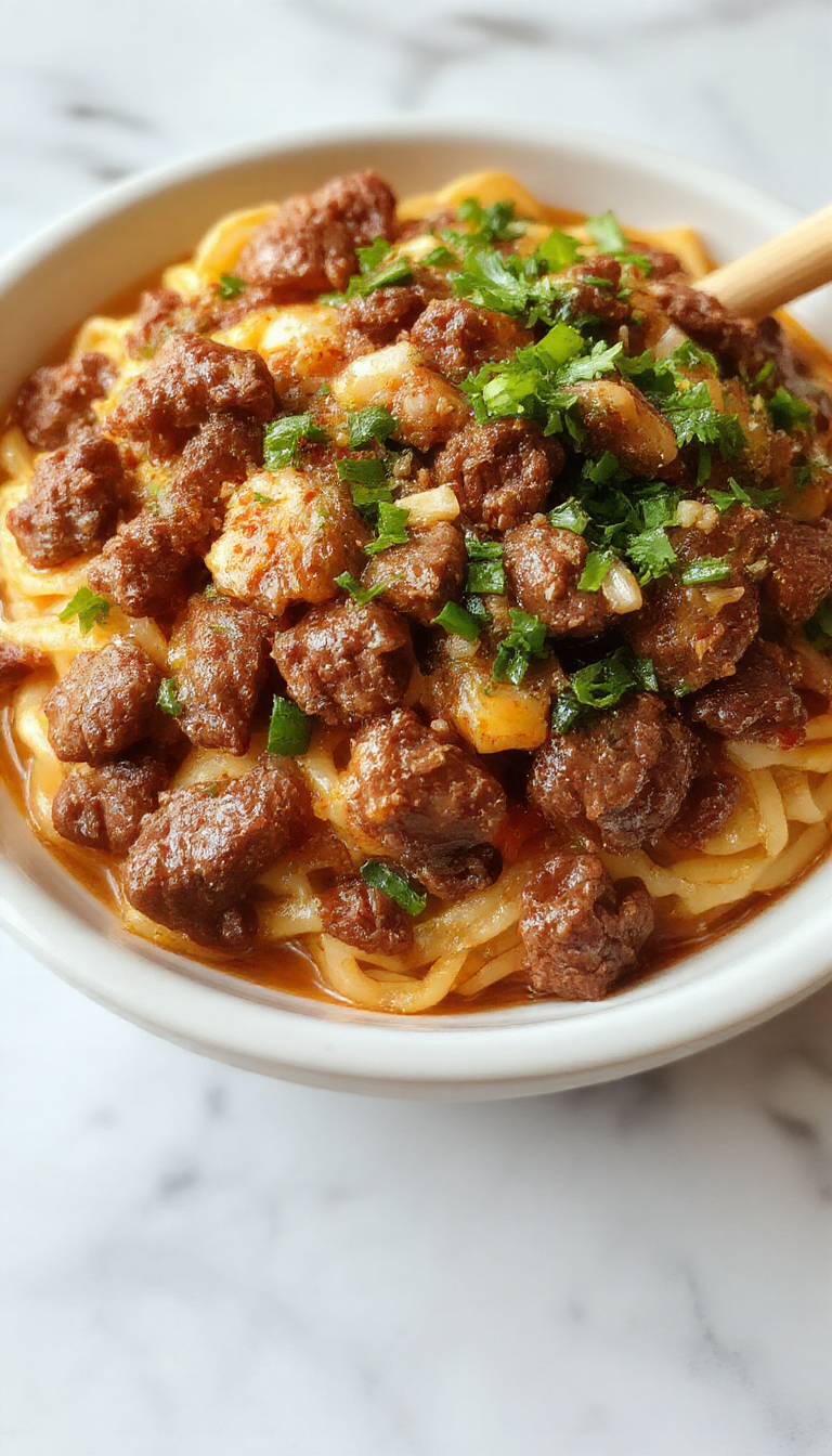 A vibrant plate of Mongolian Ground Beef Noodles featuring tender ground beef, glossy dark soy sauce, and colorful chopped green onions, served over perfectly cooked, slightly chewy noodles. The dish is garnished with sesame seeds and fresh herbs, presented on a rustic white plate with a clean background.