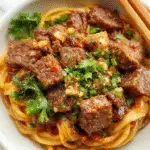 A steaming bowl of Mongolian ground beef noodles garnished with chopped green onions and sesame seeds. The noodles are coated in a glossy, savory sauce, with tender ground beef atop a bed of thick, juicy noodles. The dish is arranged in a rustic white bowl on a wooden table, with a pair of chopsticks resting beside it. Vibrant green onions and sesame seeds add color and texture.