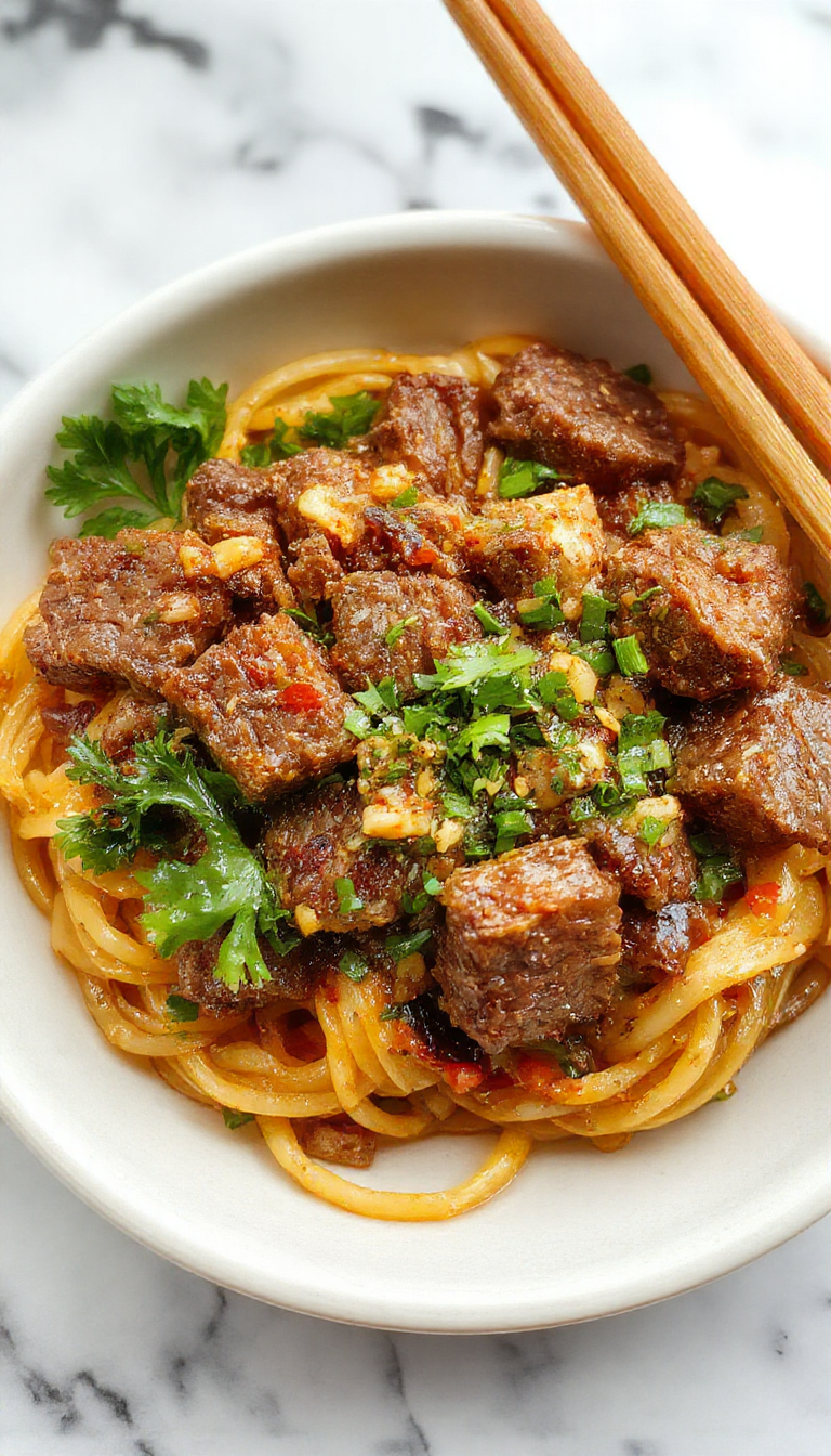 A steaming bowl of Mongolian ground beef noodles garnished with chopped green onions and sesame seeds. The noodles are coated in a glossy, savory sauce, with tender ground beef atop a bed of thick, juicy noodles. The dish is arranged in a rustic white bowl on a wooden table, with a pair of chopsticks resting beside it. Vibrant green onions and sesame seeds add color and texture.