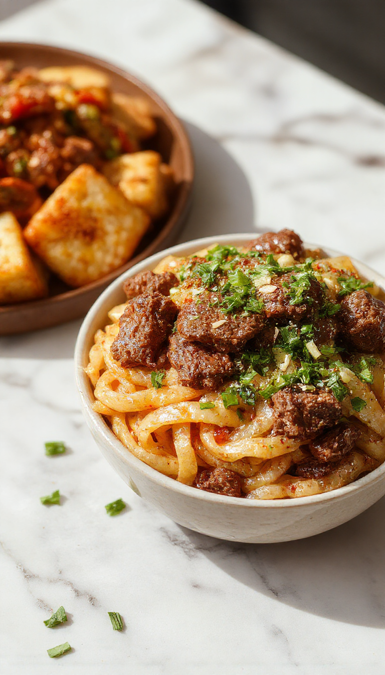 A steaming bowl of Mongolian Ground Beef Noodles featuring tender ground beef browned to a rich color, nestled atop a bed of perfectly cooked, glossy noodles. The dish is garnished with chopped green onions and sesame seeds, with a vibrant sauce coating the ingredients. The bowl is placed on a rustic wooden table, with chopsticks resting beside it, evoking an inviting Asian culinary presentation.