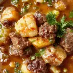 A hearty bowl of classic vegetable beef soup featuring tender chunks of beef, vibrant diced carrots, celery, potatoes, and green beans in a rich, savory broth. The soup is served in a rustic white ceramic bowl, garnished with fresh parsley, and set on a wooden table with slices of crusty bread beside it.