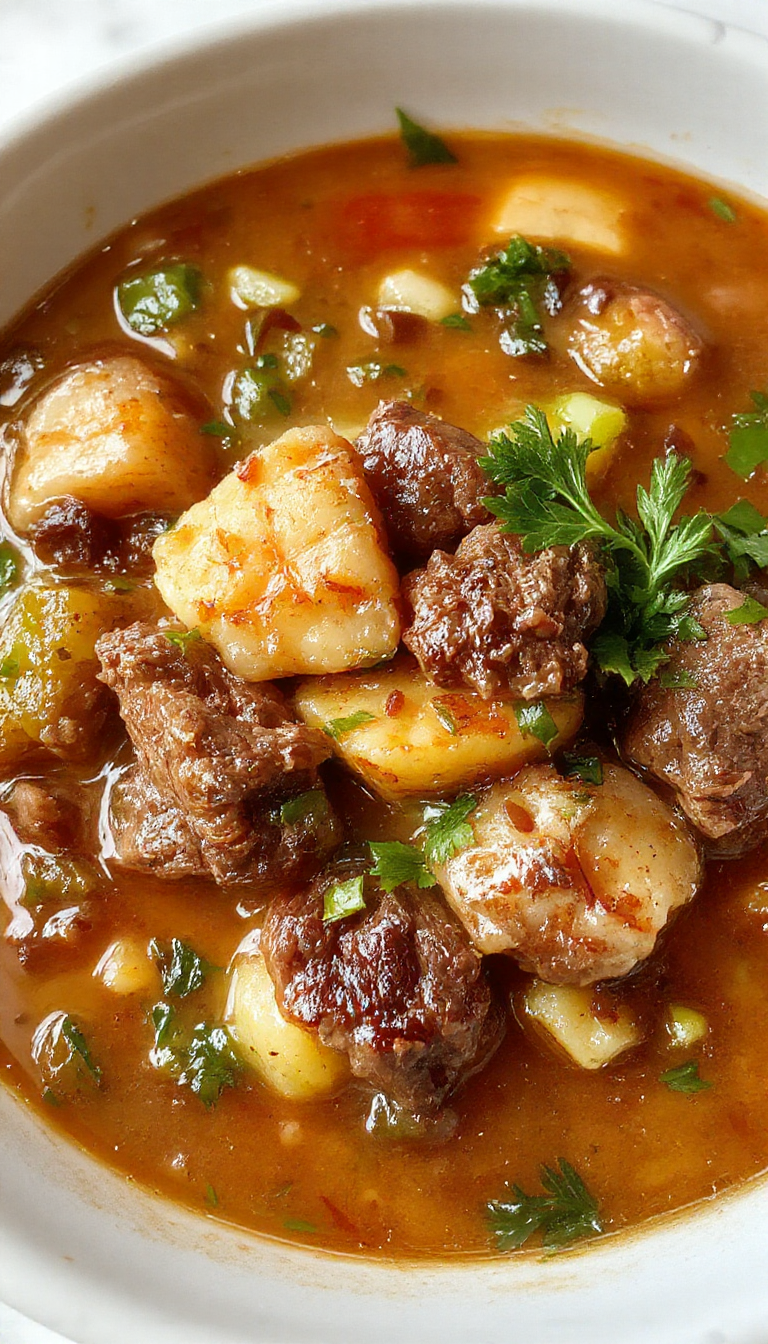 A hearty bowl of classic vegetable beef soup featuring tender chunks of beef, vibrant diced carrots, celery, potatoes, and green beans in a rich, savory broth. The soup is served in a rustic white ceramic bowl, garnished with fresh parsley, and set on a wooden table with slices of crusty bread beside it.