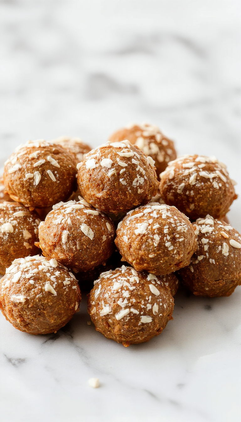 A close-up of a plate of golden-brown no bake pumpkin balls garnished with a sprinkle of cinnamon, arranged neatly on a white platter with a rustic fall-themed background, with some pumpkin puree and cinnamon sticks visible.