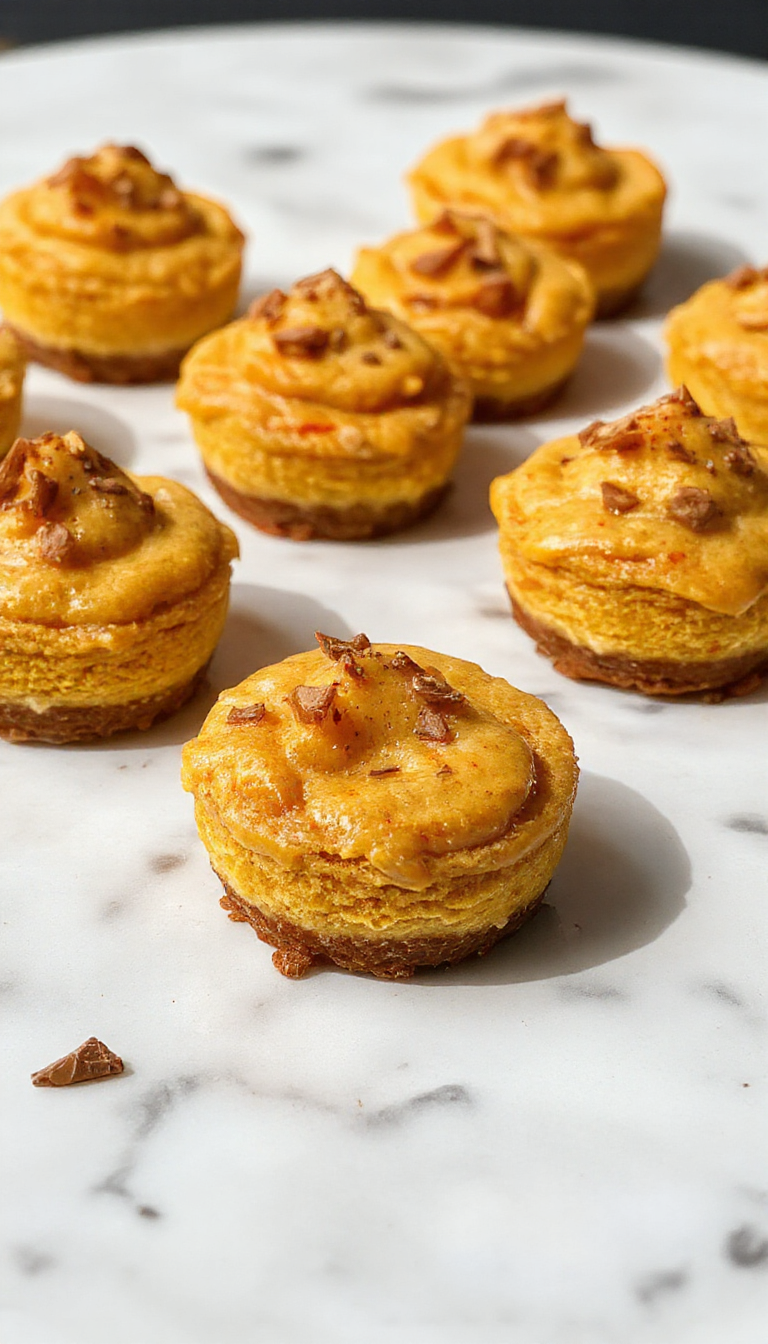 Mini cheesecakes topped with a swirl of whipped cream and a sprinkle of cinnamon, served in individual clear cups showcasing their creamy orange filling and graham cracker crust, garnished with pumpkin seeds.