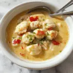 A bowl of creamy Olive Garden Chicken Gnocchi Soup topped with freshly chopped parsley, featuring soft gnocchi, tender shredded chicken, and vegetables in a rich broth, garnished with a sprinkle of herbs and a side of rustic bread.