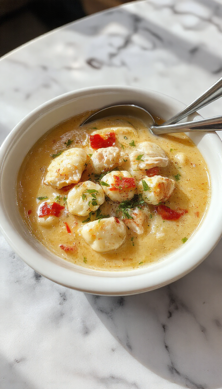 A bowl of creamy Olive Garden Chicken Gnocchi Soup topped with freshly chopped parsley, featuring soft gnocchi, tender shredded chicken, and vegetables in a rich broth, garnished with a sprinkle of herbs and a side of rustic bread.