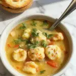A steaming bowl of Chicken Gnocchi Soup featuring tender gnocchi, chunks of chicken, leafy greens, and a creamy broth garnished with herbs, presented in a white bowl on a rustic wooden table with a spoon and a napkin nearby.