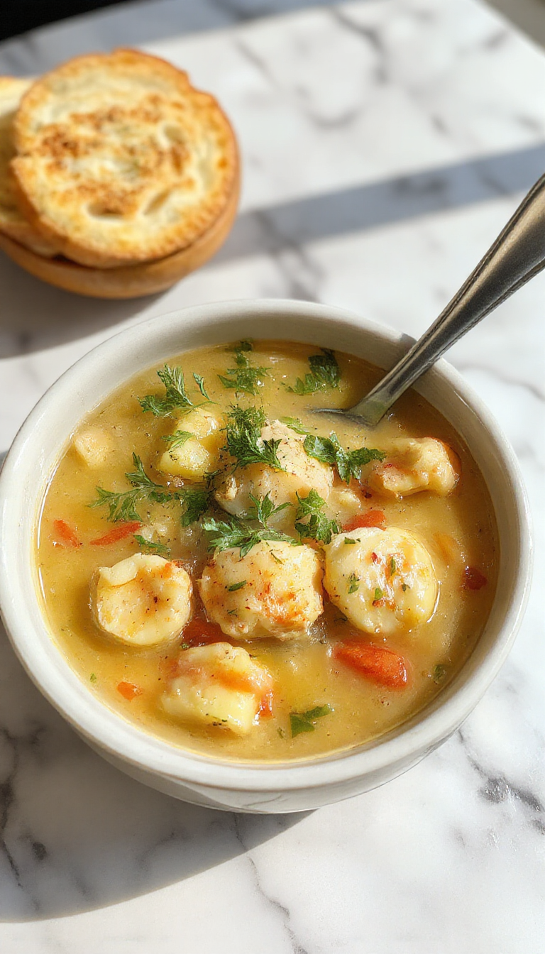 A steaming bowl of Chicken Gnocchi Soup featuring tender gnocchi, chunks of chicken, leafy greens, and a creamy broth garnished with herbs, presented in a white bowl on a rustic wooden table with a spoon and a napkin nearby.