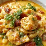 A vibrant bowl of Pasta e Fagioli soup featuring a rich broth filled with tender pasta, creamy beans, small slices of Italian sausage, and fresh herbs, garnished with a sprinkle of grated cheese, presented on a rustic wooden table with a warm, inviting setting.