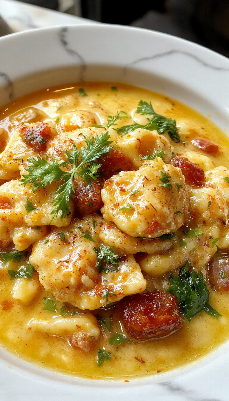 A vibrant bowl of Pasta e Fagioli soup featuring a rich broth filled with tender pasta, creamy beans, small slices of Italian sausage, and fresh herbs, garnished with a sprinkle of grated cheese, presented on a rustic wooden table with a warm, inviting setting.