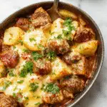 A close-up of a skillet filled with golden roasted potatoes, tender chunks of beef, and melted cheese bubbling on top, garnished with chopped herbs, presented in a rustic, cast-iron skillet on a wooden table.