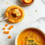 A steaming bowl of creamy orange lentil and carrot soup garnished with fresh herbs, served in a white bowl on a rustic wooden table, with a spoon resting beside it. The soup has a smooth, velvety texture with visible pieces of cooked carrots and lentils, and the vibrant color highlights its rich, comforting appearance.