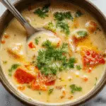A warm bowl of creamy vegetable soup garnished with fresh herbs, featuring a vibrant mix of orange, green, and white vegetables, served in a rustic white bowl with steam rising, set on a wooden table with a colorful cloth napkin nearby.