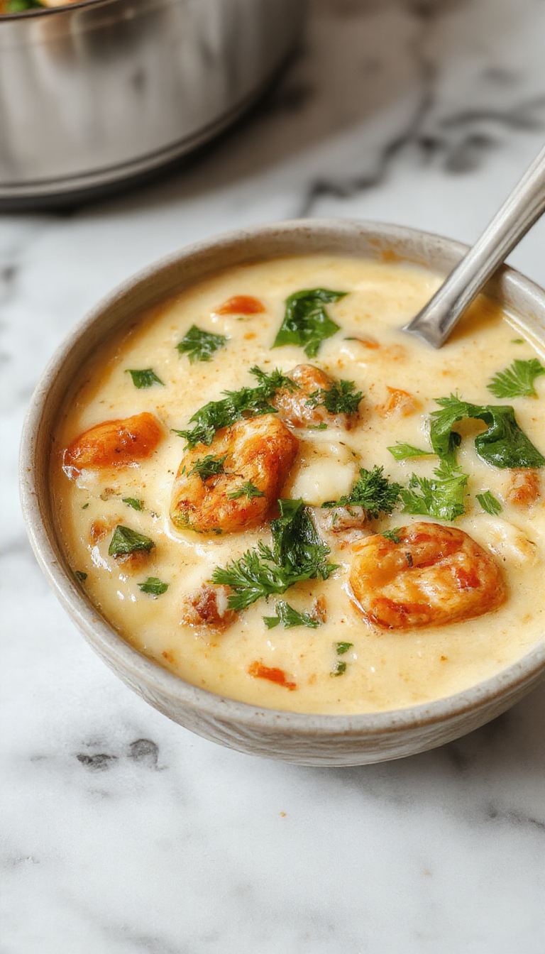 A steaming bowl of creamy vegetable soup garnished with fresh herbs, showing a vibrant mix of orange carrots, green peas, and white potatoes, with a smooth, velvety texture and a sprinkle of herbs on top.
