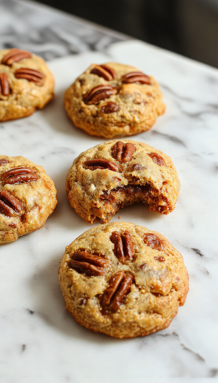 A close-up of a stack of golden-brown pecan pie cookies with a glossy pecan topping, placed on a rustic wooden surface, with a few pecans scattered nearby. The cookies have a slightly cracked surface revealing a moist interior, and the pecans on top add texture and shine.