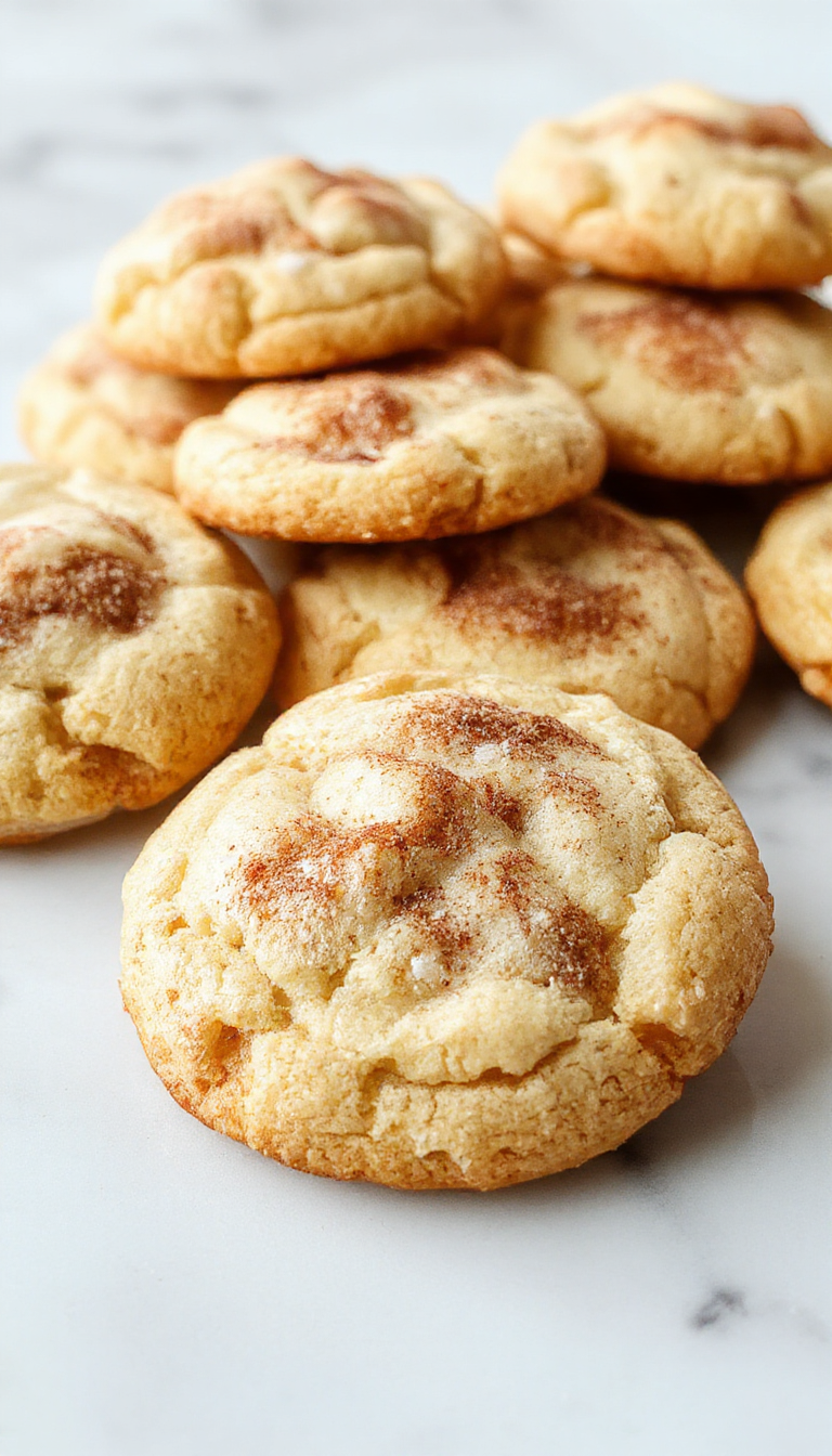 A close-up of a plate of golden-brown snickerdoodle cookies with a cinnamon sugar coating, arranged on a rustic wooden table with a few cookies stacked and some slightly cracked, revealing their chewy interior. The cookies have a soft, slightly cracked surface, with cinnamon visible on the textured tops, and a warm, inviting appearance.