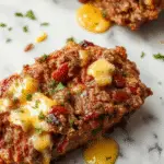 A juicy Philly cheesesteak meatloaf sliced open to reveal melted cheese and tender beef, topped with caramelized onions and green peppers, served on a rustic plate with a side salad, showcasing a golden-brown crust and gooey cheesy interior.