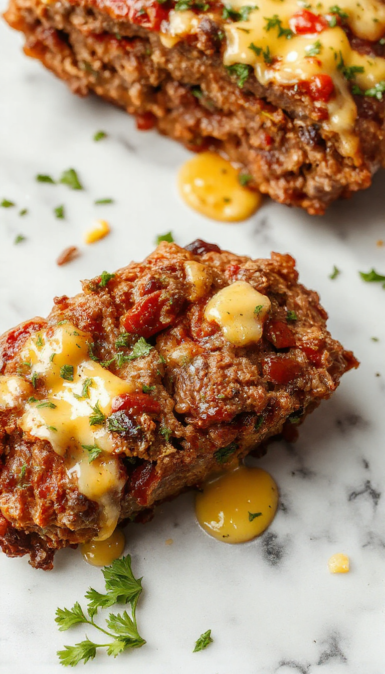 A juicy Philly cheesesteak meatloaf sliced open to reveal melted cheese and tender beef, topped with caramelized onions and green peppers, served on a rustic plate with a side salad, showcasing a golden-brown crust and gooey cheesy interior.