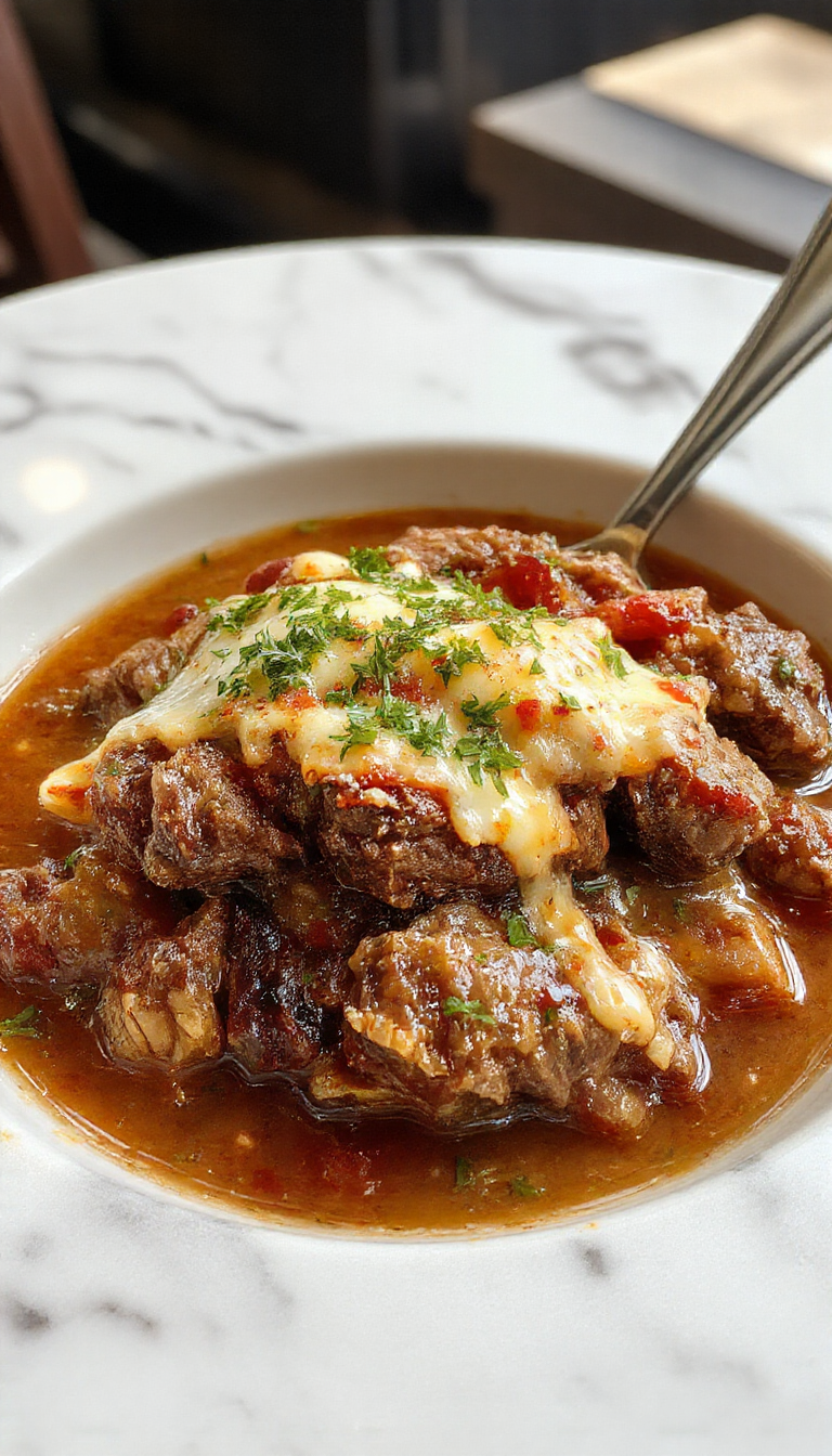 A hearty bowl of Philly Cheesesteak Stew featuring tender chunks of beef, melted cheese, and colorful bell peppers, served in a rustic ceramic bowl with fresh bread on the side, steam rising to showcase its rich, inviting texture.
