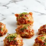 Close-up of oven-baked pig shots arranged on a white serving platter, golden-brown pastry cups filled with sausage, garnished with fresh herbs, crispy texture evident