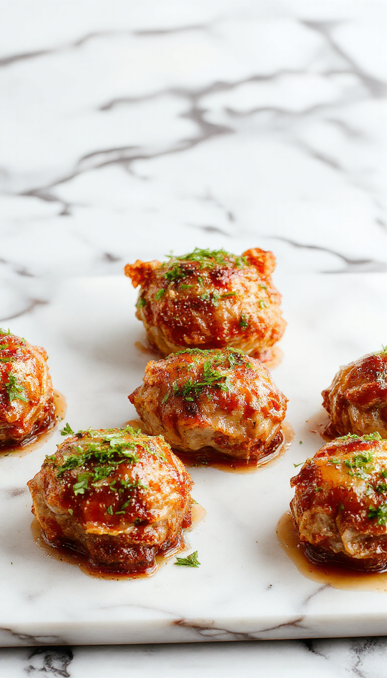 Close-up of oven-baked pig shots arranged on a white serving platter, golden-brown pastry cups filled with sausage, garnished with fresh herbs, crispy texture evident