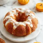 A beautifully glazed pumpkin bundt cake sits on a elegant white cake stand, topped with a light dusting of powdered sugar. The cake has a rich, moist texture with a golden-brown exterior and a hint of spice, surrounded by autumnal decor including cinnamon sticks and small pumpkins, with a soft-focus background that emphasizes the cake's inviting presentation.