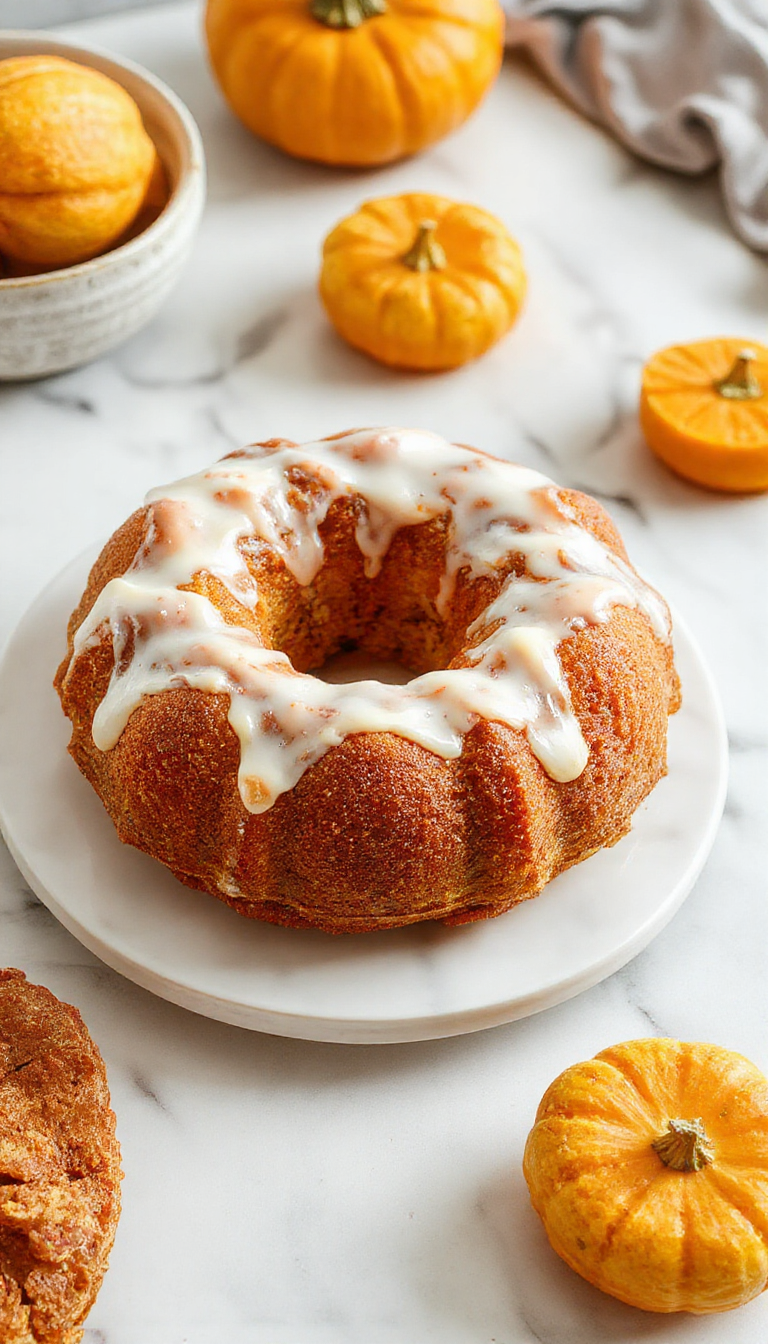 A beautifully glazed pumpkin bundt cake sits on a elegant white cake stand, topped with a light dusting of powdered sugar. The cake has a rich, moist texture with a golden-brown exterior and a hint of spice, surrounded by autumnal decor including cinnamon sticks and small pumpkins, with a soft-focus background that emphasizes the cake's inviting presentation.