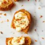 A loaf of pumpkin cream cheese bread on a rustic wooden surface, sliced to reveal a creamy swirl of cheese throughout. The golden-brown crust contrasts with the vibrant orange pumpkin interior and the rich swirls of cream cheese. The slices are slightly fanned out, showcasing the moist crumb and inviting texture.