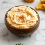 A creamy orange pumpkin fluff dip served in a clear glass bowl, topped with a sprinkle of cinnamon and mini marshmallows. Surrounding the bowl are sliced apples and crackers, creating an inviting fall snack display.