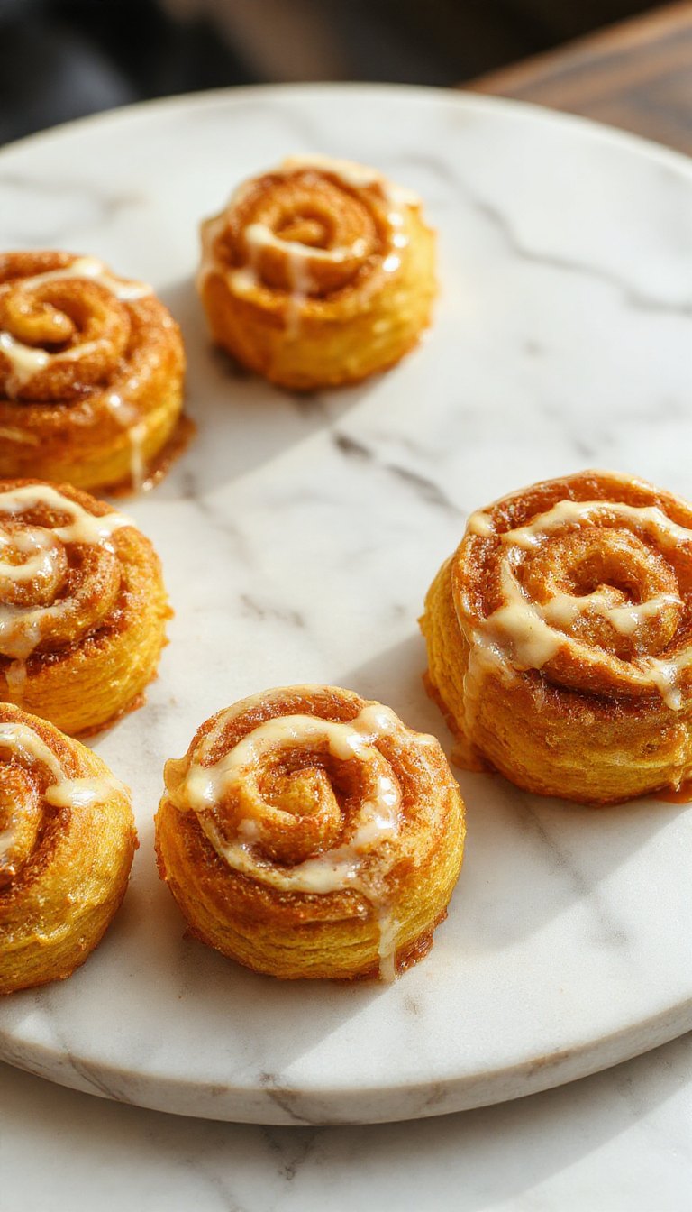 A beautifully sliced pumpkin roll cake revealing its spiral pattern filled with creamy frosting, golden-brown sponge exterior, and hints of pumpkin and cinnamon, presented on a white plate with a rustic backdrop.
