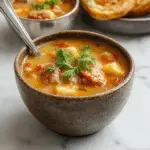 A steaming bowl of hearty sausage soup garnished with chopped herbs, showcasing chunks of sausage, vegetables, and broth. The bowl is placed on a rustic wooden table with a spoon and fresh herbs around for garnish.