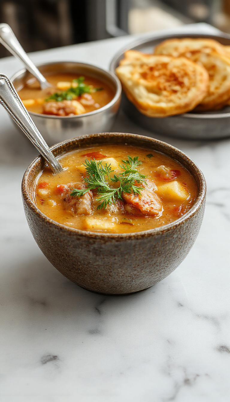 A steaming bowl of hearty sausage soup garnished with chopped herbs, showcasing chunks of sausage, vegetables, and broth. The bowl is placed on a rustic wooden table with a spoon and fresh herbs around for garnish.
