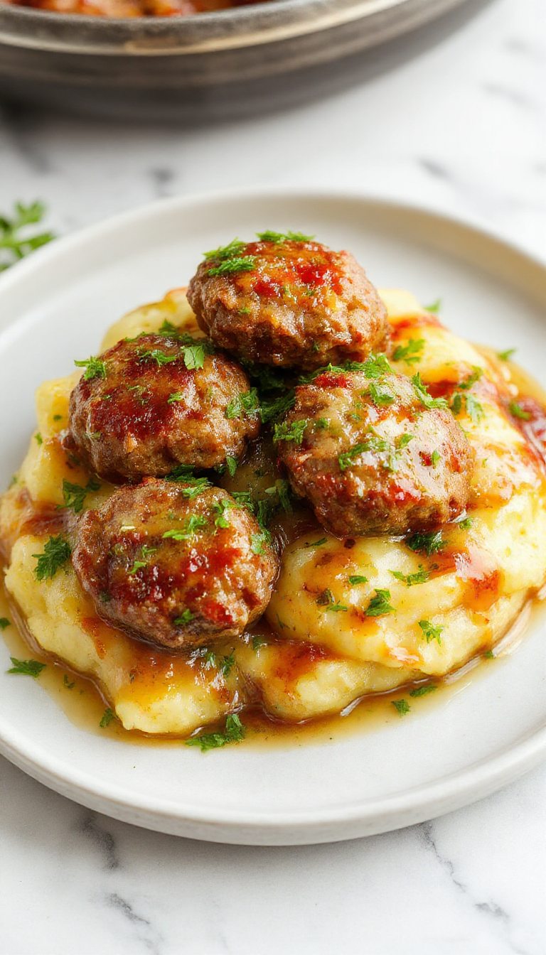Salisbury Steak Meatballs with Garlic Herb Mashed Potatoes