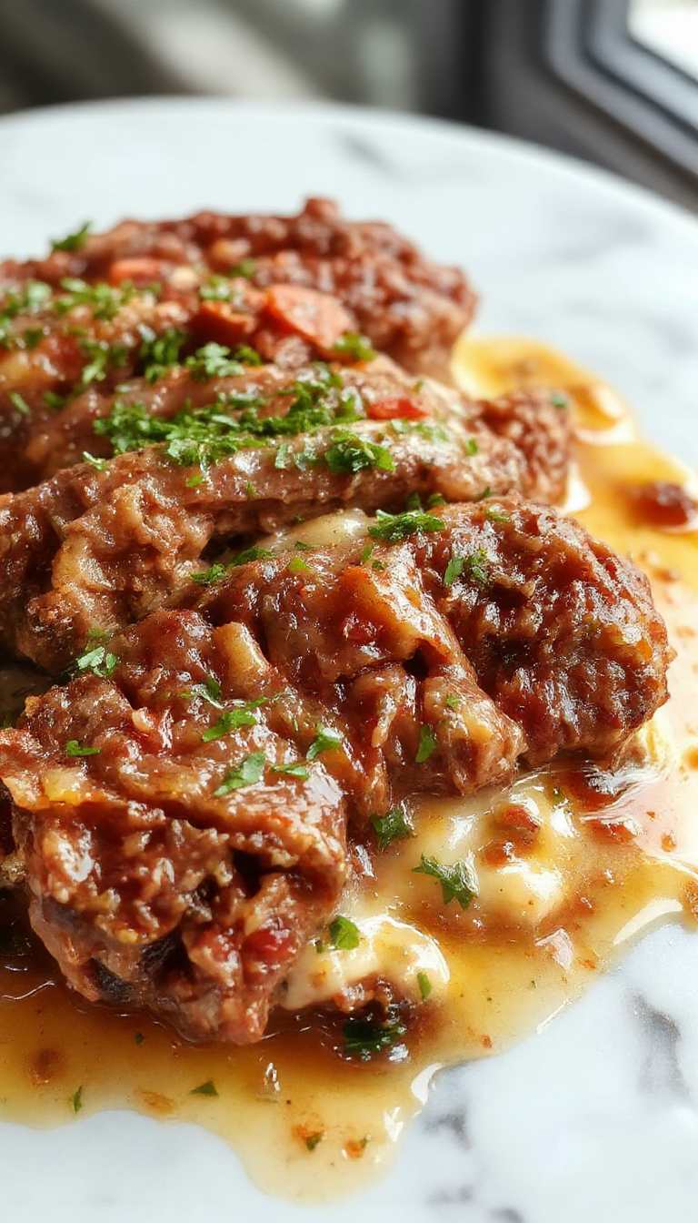 A plated Salisbury steak dish featuring a perfectly seared beef patty topped with rich brown gravy, garnished with chopped parsley. The steak rests on a bed of creamy mashed potatoes, with a side of steamed green beans. The plate is white, accentuating the deep, savory colors of the dish, with a rustic wooden table background.