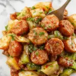 A close-up of a vibrant stir fry featuring sliced sausages and chopped cabbage, cooked to golden-brown with visible caramelization and garnished with chopped green onions, served on a white plate with a glossy sheen indicating a flavorful sauce.