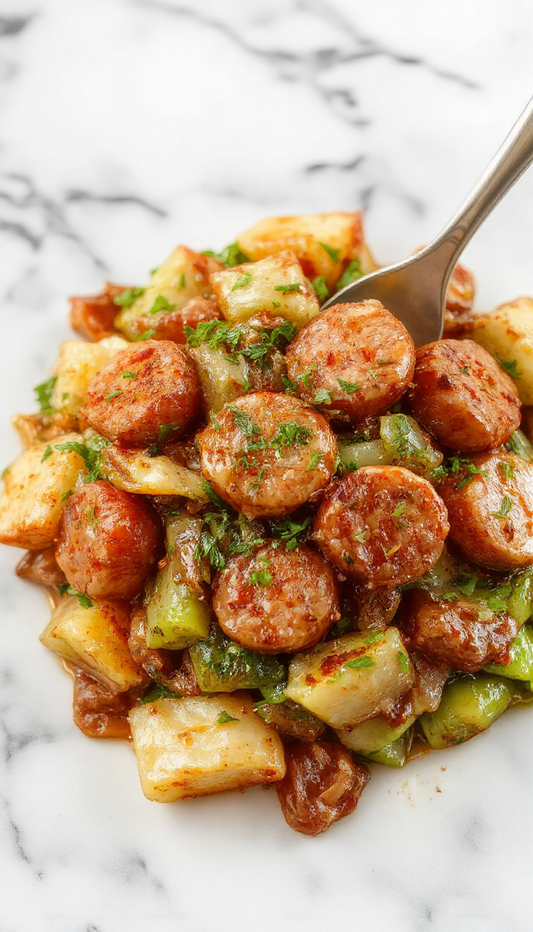 A close-up of a vibrant stir fry featuring sliced sausages and chopped cabbage, cooked to golden-brown with visible caramelization and garnished with chopped green onions, served on a white plate with a glossy sheen indicating a flavorful sauce.