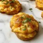 A creamy, golden-brown scalloped sweet potato casserole layered neatly in a rustic baking dish, topped with crispy, toasted edges and garnished with fresh herbs.