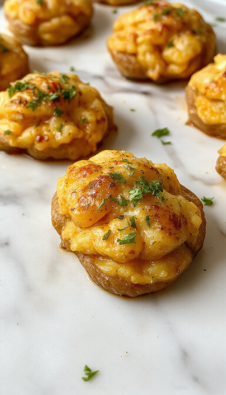 A creamy, golden-brown scalloped sweet potato casserole layered neatly in a rustic baking dish, topped with crispy, toasted edges and garnished with fresh herbs.