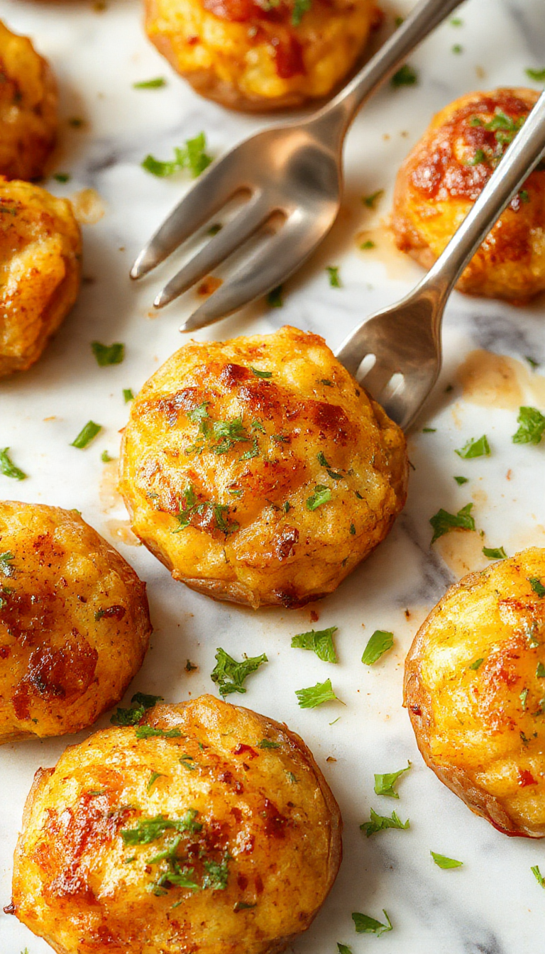 A close-up of a golden-brown scalloped sweet potato casserole dish, topped with crispy, slightly charred edges and hints of melty cheese, arranged in a rustic oval baking dish with a serving spoon resting on the side.