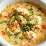 A steaming bowl of Sicilian Chicken Soup featuring tender chunks of chicken, spiral pasta, and vibrant vegetables in a rich broth. The bowl is garnished with fresh herbs, and the soup is served on a rustic wooden table with a slice of crusty bread beside it.
