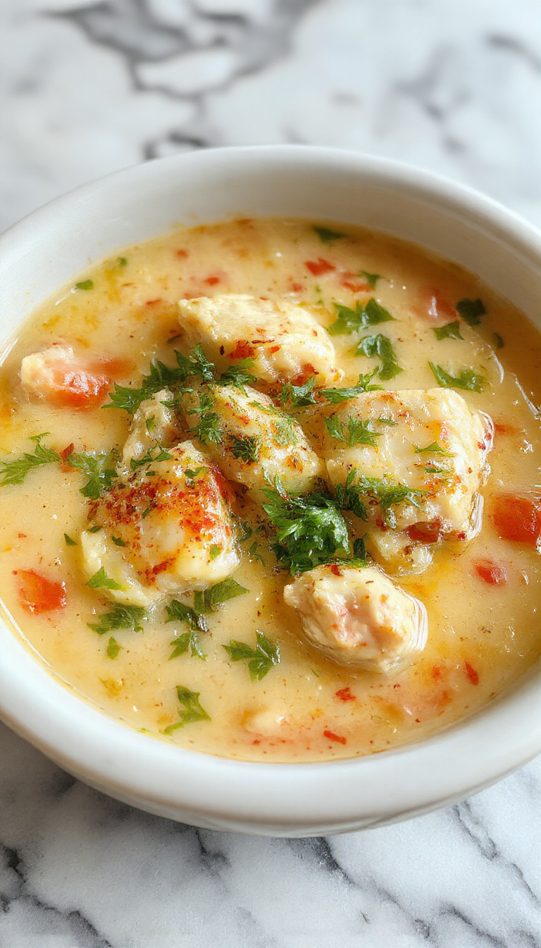 A steaming bowl of Sicilian Chicken Soup featuring tender chunks of chicken, spiral pasta, and vibrant vegetables in a rich broth. The bowl is garnished with fresh herbs, and the soup is served on a rustic wooden table with a slice of crusty bread beside it.