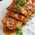 A rustic, golden-brown Italian-style meatloaf sliced to reveal a juicy, flavorful interior, garnished with fresh herbs on a white ceramic platter, with a side of vibrant marinara sauce and a sprig of basil, accompanied by a serving of spaghetti.