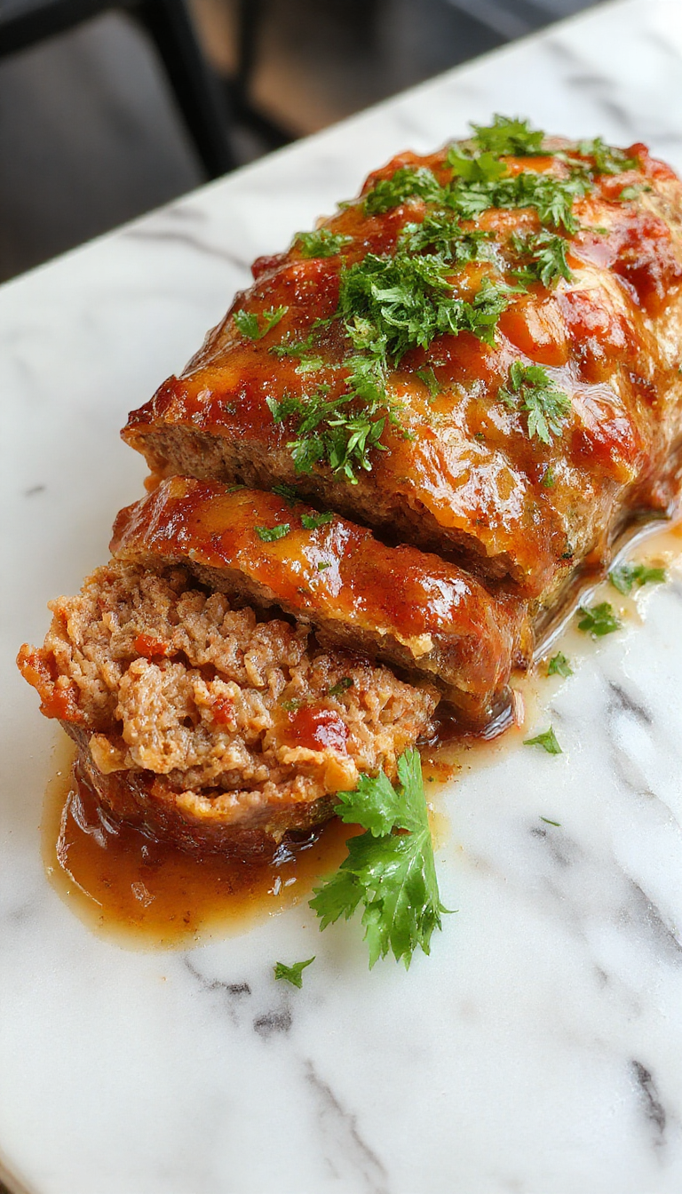 A rustic, golden-brown Italian-style meatloaf sliced to reveal a juicy, flavorful interior, garnished with fresh herbs on a white ceramic platter, with a side of vibrant marinara sauce and a sprig of basil, accompanied by a serving of spaghetti.