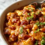 A golden-brown baked casserole topped with melted cheese and garnished with fresh chopped herbs. The dish is served in a rustic ceramic baking dish, revealing layers of ground beef, tomato sauce, and bread crumbs, with a spoon placed beside it on a wooden table.