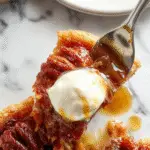 A golden-brown pecan pie sitting on a rustic wooden table, topped with caramelized pecans and a glossy syrup glaze. The pie is sliced open, revealing a rich, gooey filling with whole pecans visible throughout, served alongside a dollop of whipped cream and a vintage pie server.