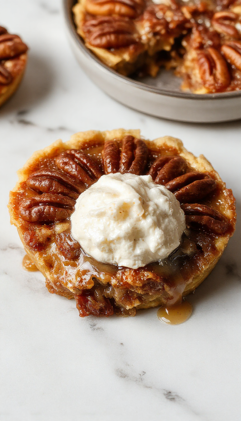 A golden-brown pecan pie with a glossy caramel glaze, topped generously with toasted pecans, artfully sliced to reveal a rich, gooey filling and flaky crust. The pie is presented on a rustic wooden table, with a fork beside it, emphasizing its classic Southern charm.