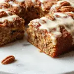 A rich, golden brown slice of Pecan Praline Cake garnished with a generous layer of glossy caramel sauce, chopped pecans, and a dollop of whipped cream on top. The cake sits on an elegant white plate with a rustic wooden table background, showing its moist texture and inviting appeal.